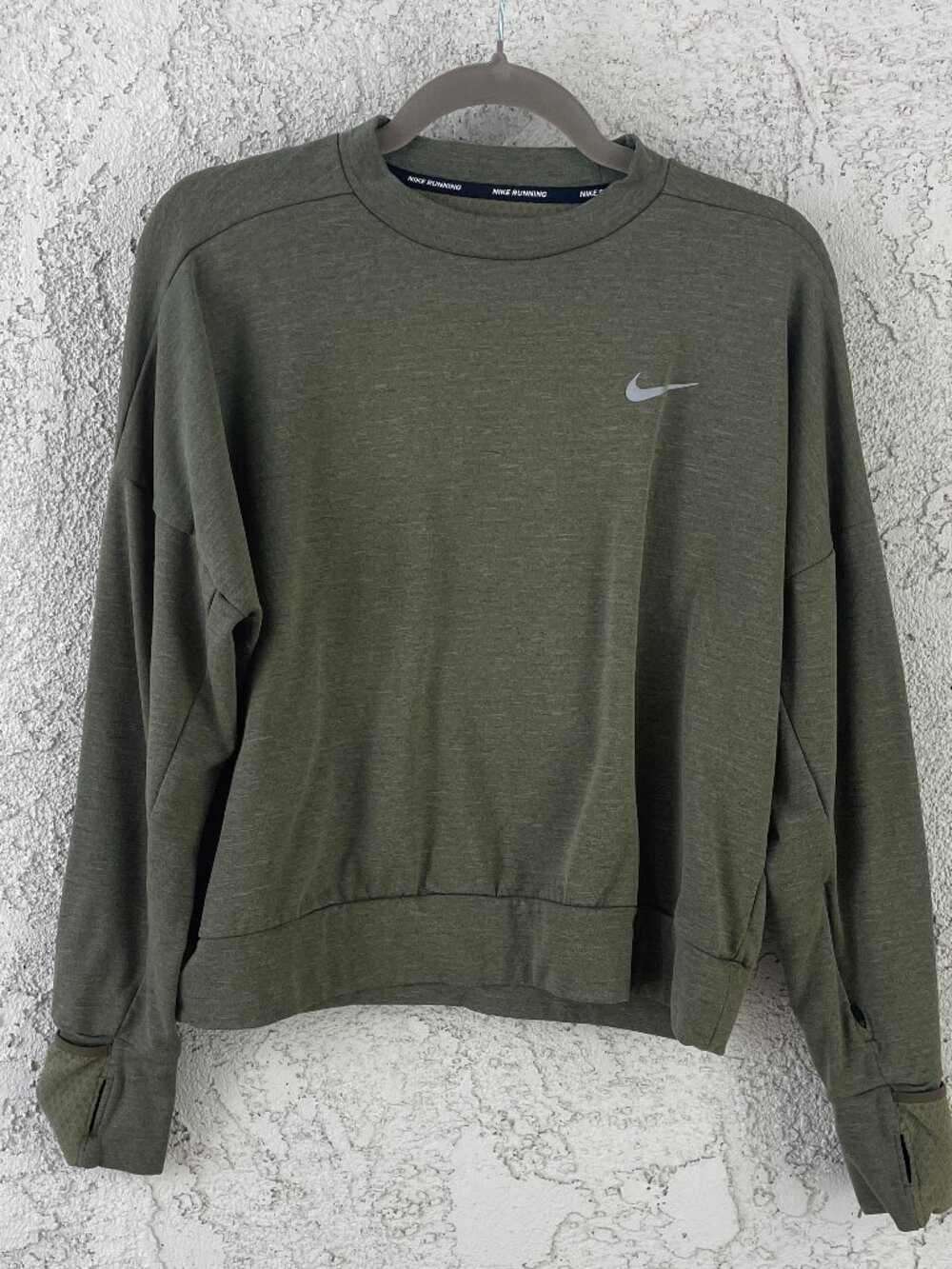 Nike Running Dri-Fit Green Long Sleeve Thumbhole Crewneck Sweatshirt Womens Med